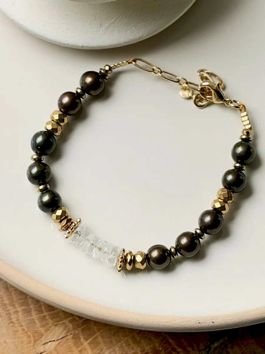 BRACELET PURA AIGUE MARINE / PERLES D'EAU KAKI