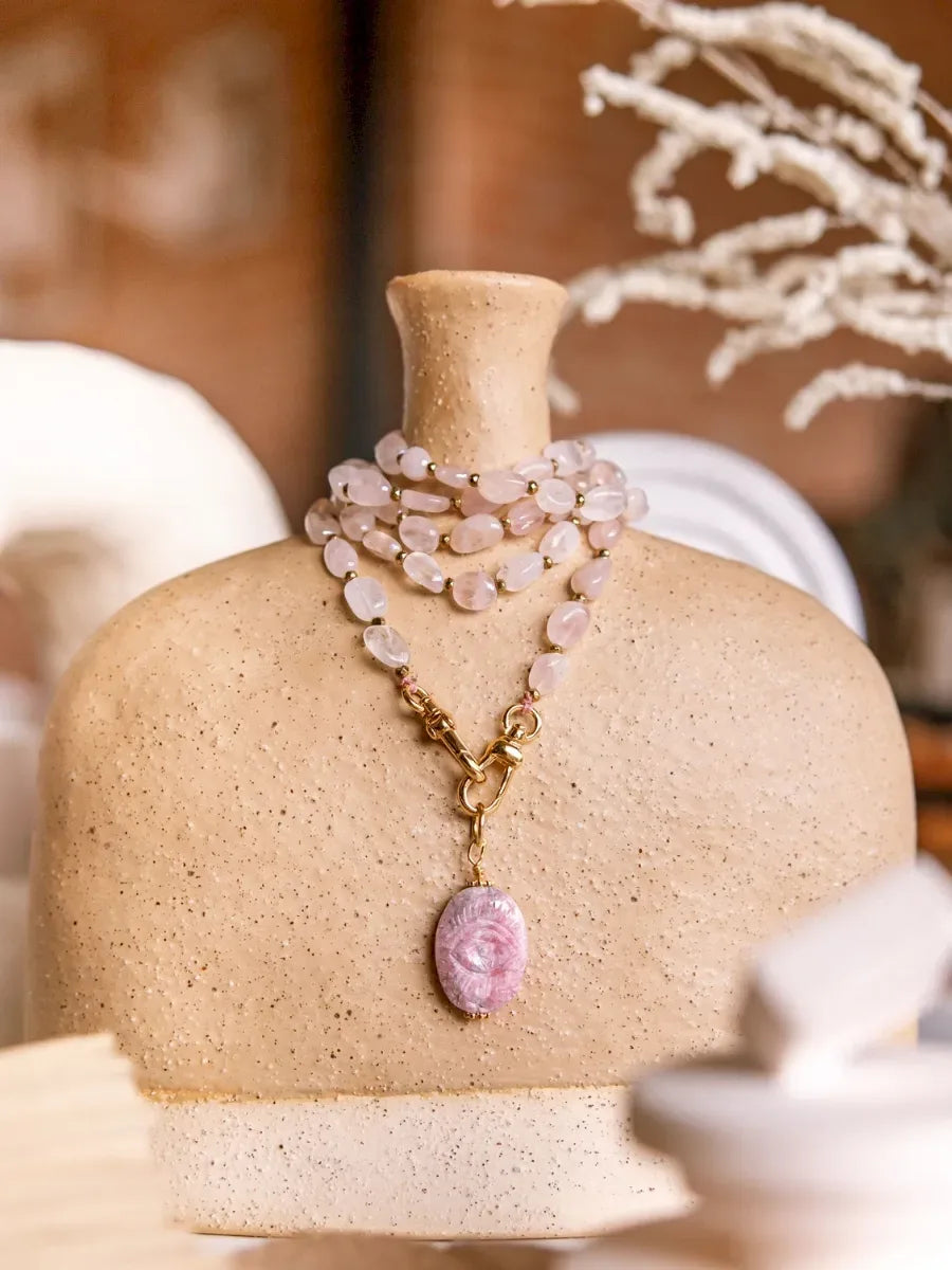 sautoir laksmi quartz rose et rhodochrosite en pierres naturelles