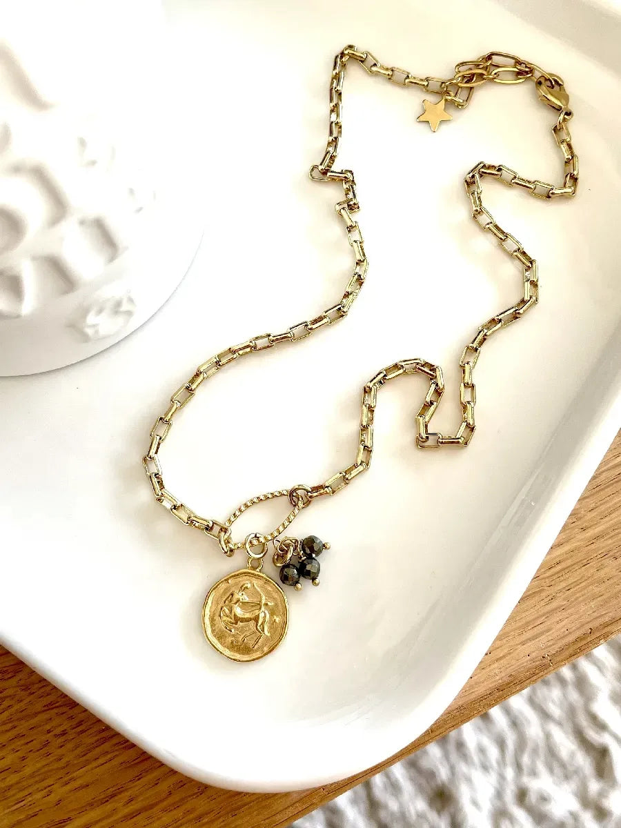 COLLIER SAGITTAIRE ASTRO EN PYRITE ET CHAINE