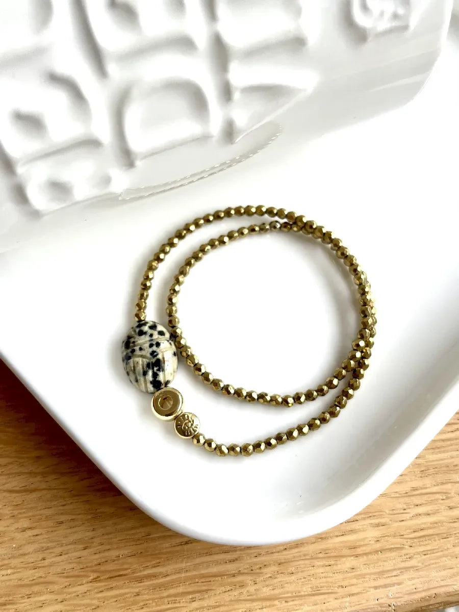bracelet scarabée double protect jaspe dalmatien