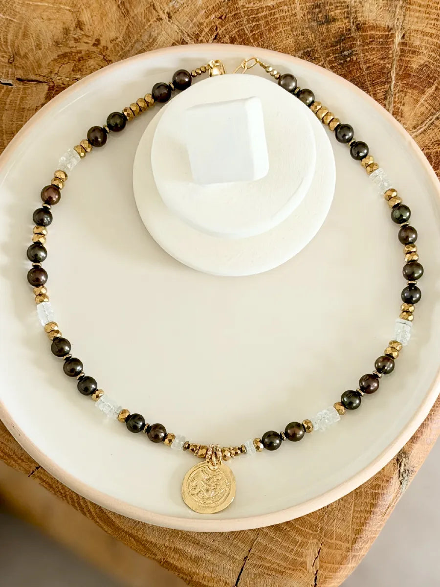 COLLIER ROMA AIGUE MARINE / PERLES D'EAU KAKI