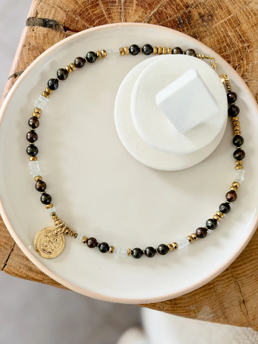 COLLIER ROMA AIGUE MARINE / PERLES D'EAU KAKI