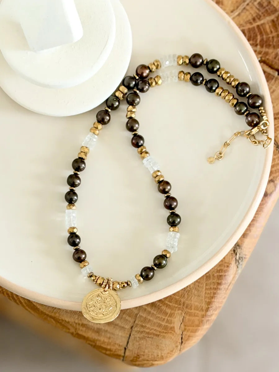 COLLIER ROMA AIGUE MARINE / PERLES D'EAU KAKI