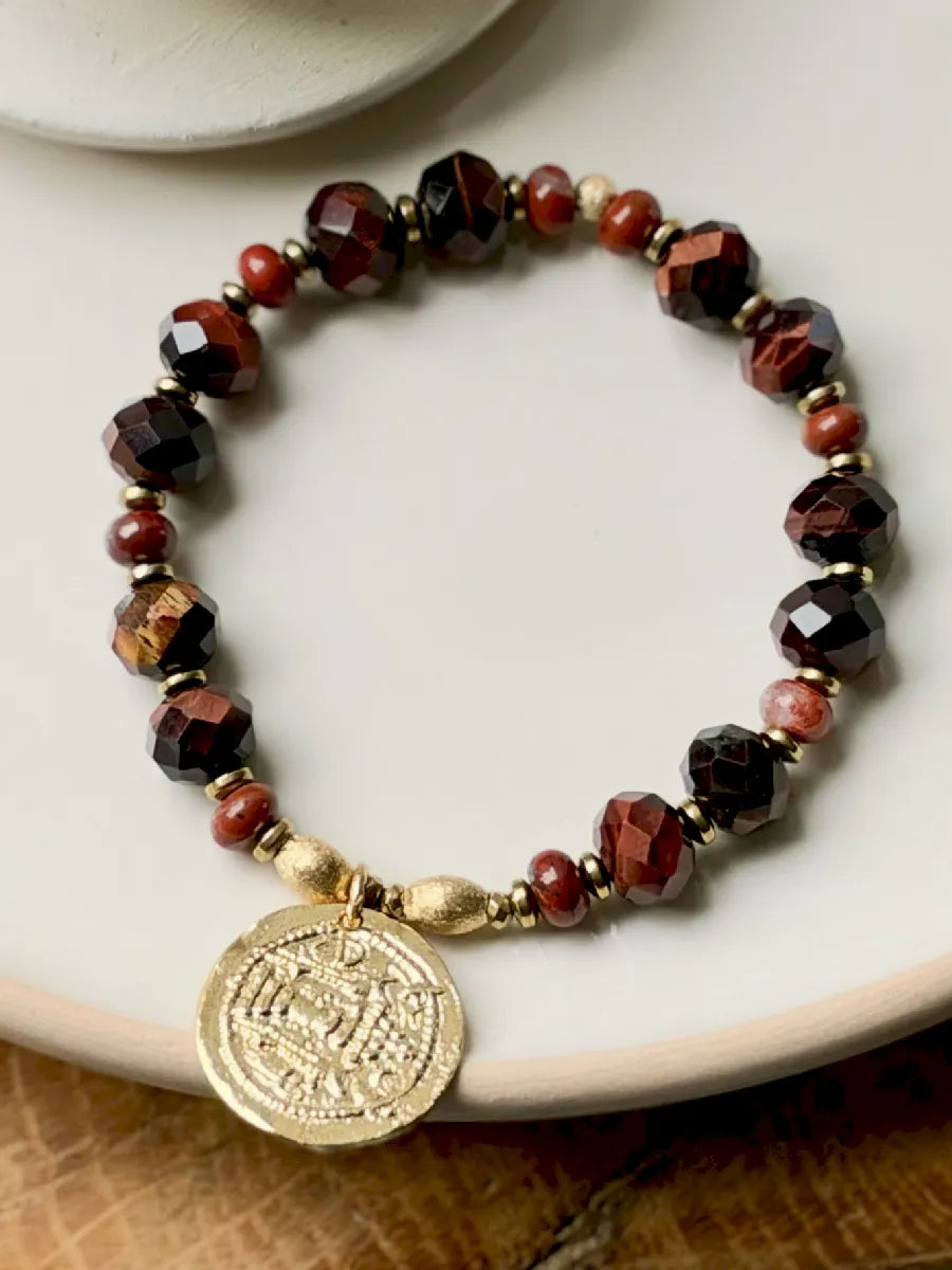 bracelet élastique terracota en pierres naturelles d'oeil de taureau