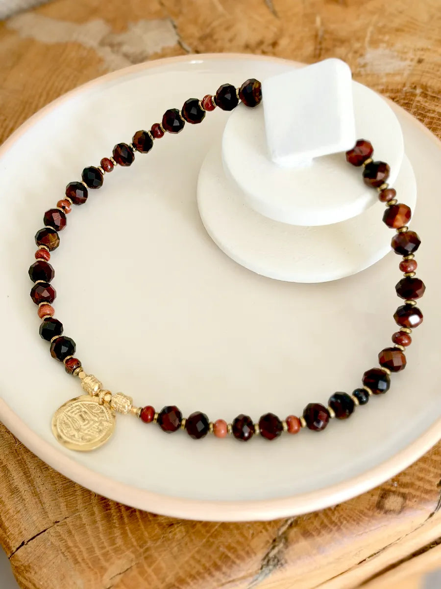 collier roma jaspe rouge et oeil de taureau