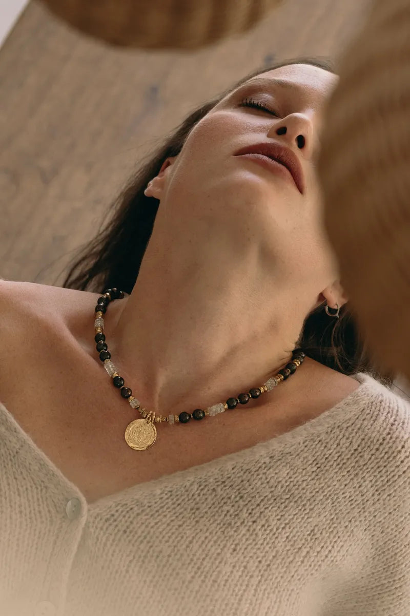 COLLIER ROMA AIGUE MARINE / PERLES D'EAU KAKI