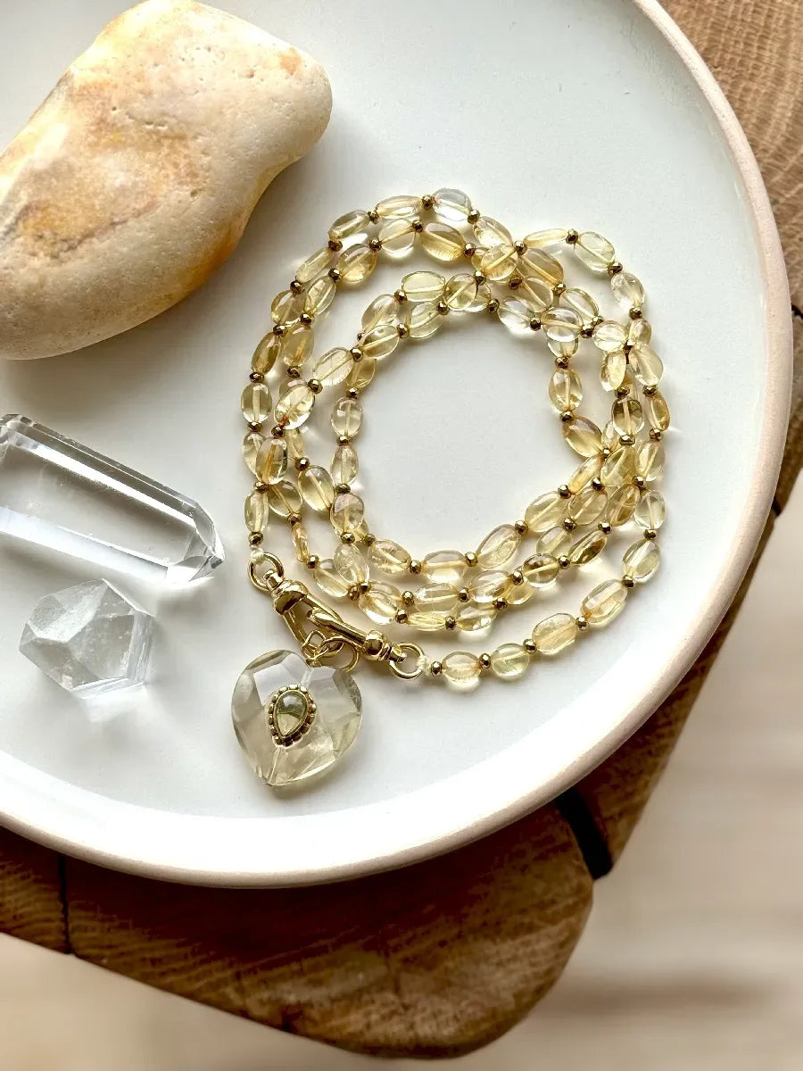 sautoir citrine pendentif coeur quartz fumé