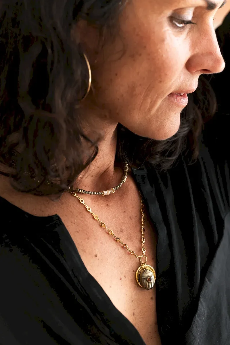 COLLIER PYRITE ET QUARTZ RUTILE CELESTE
